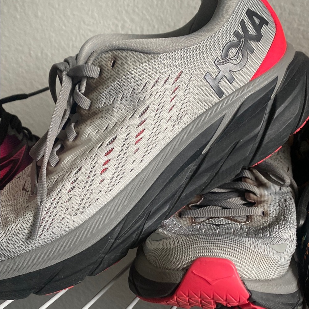Hoka Gray and Red Athletic Shoes